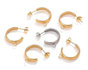10pcs Stainless Steel C Hoop Earrings with Loop, 4 Sizes, Charm Connector Stud Hoops, Steel or 18K PVD Gold Plated, DIY Earring Findings
