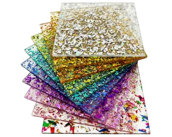Komplette Sets aus doppelseitigen, glitzernden Acrylglasplatten (PMMA) mit Kristallstruktur in allen 9 verfügbaren Farben, je eine Platte in 5 verfügbaren Größen!