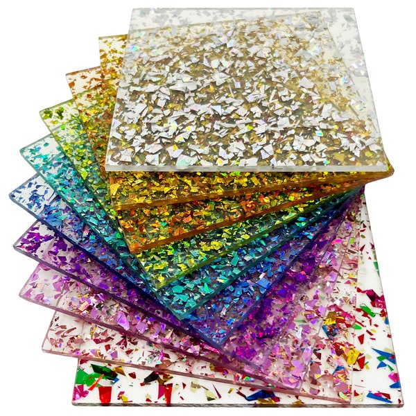 Full Sets of Acrylic (PMMA) 2-Sided Crystal Chunky Glittering Sheets with All 10 Available Colors, One of Each in 5 Available Sizes!