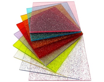 Full Sets of Acrylic (PMMA) 2-Sided Transparent Glittering Sheets with All 9 Available Colors, One of Each in 5 Available Sizes!