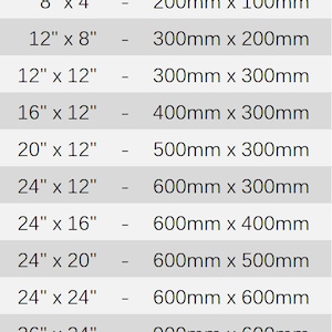 May include: A chart showing size conversions for various sizes of rectangular objects, in inches and millimeters. For example, 4 inches by 4 inches is equal to 98 millimeters by 98 millimeters.