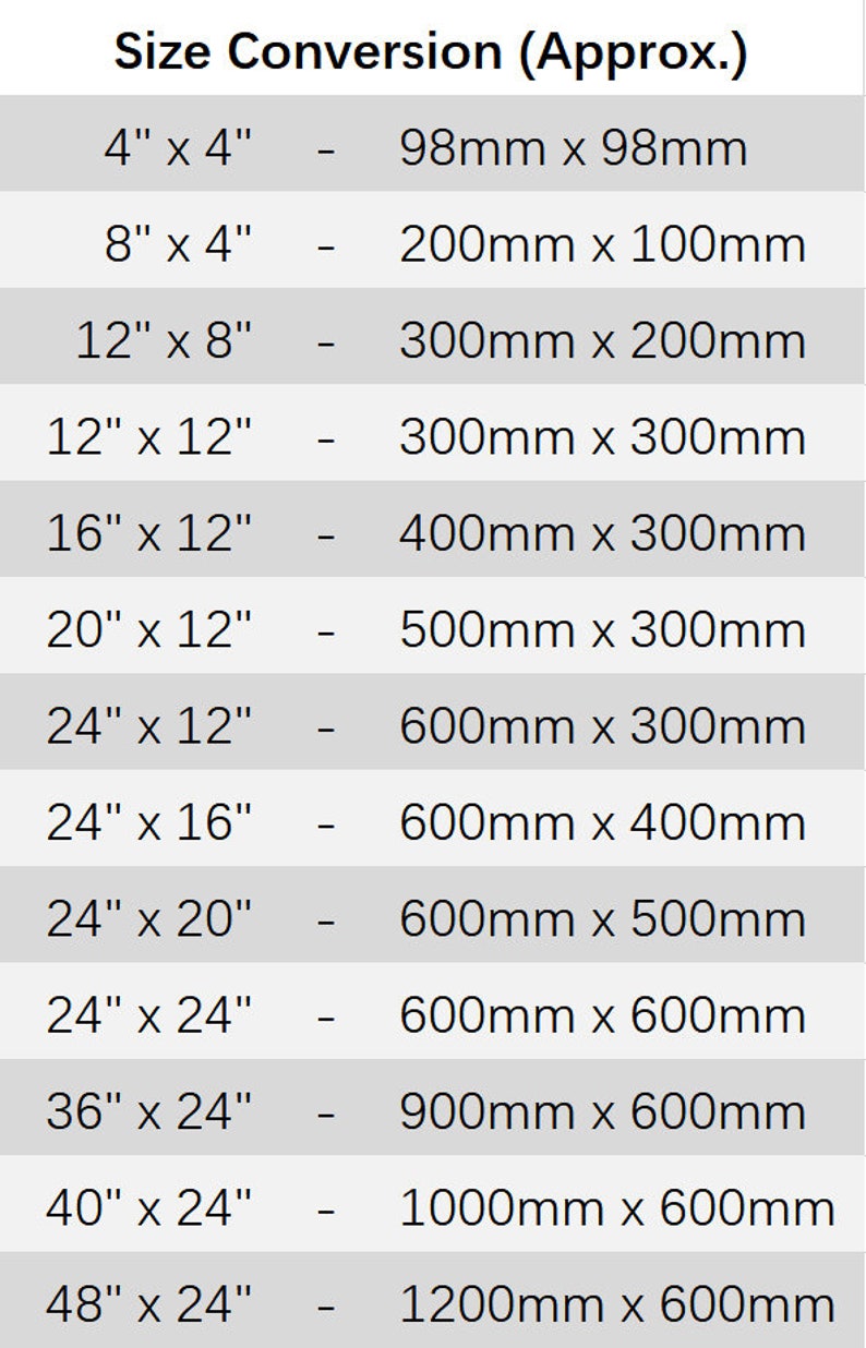 May include: A chart showing size conversions for various sizes of rectangular objects, in inches and millimeters. For example, 4 inches by 4 inches is equal to 98 millimeters by 98 millimeters.