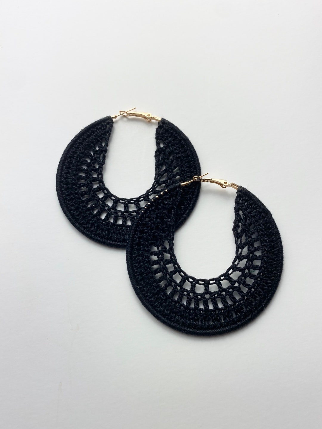 Black Large Hoop Earrings/ Crochet Earrings Etsy