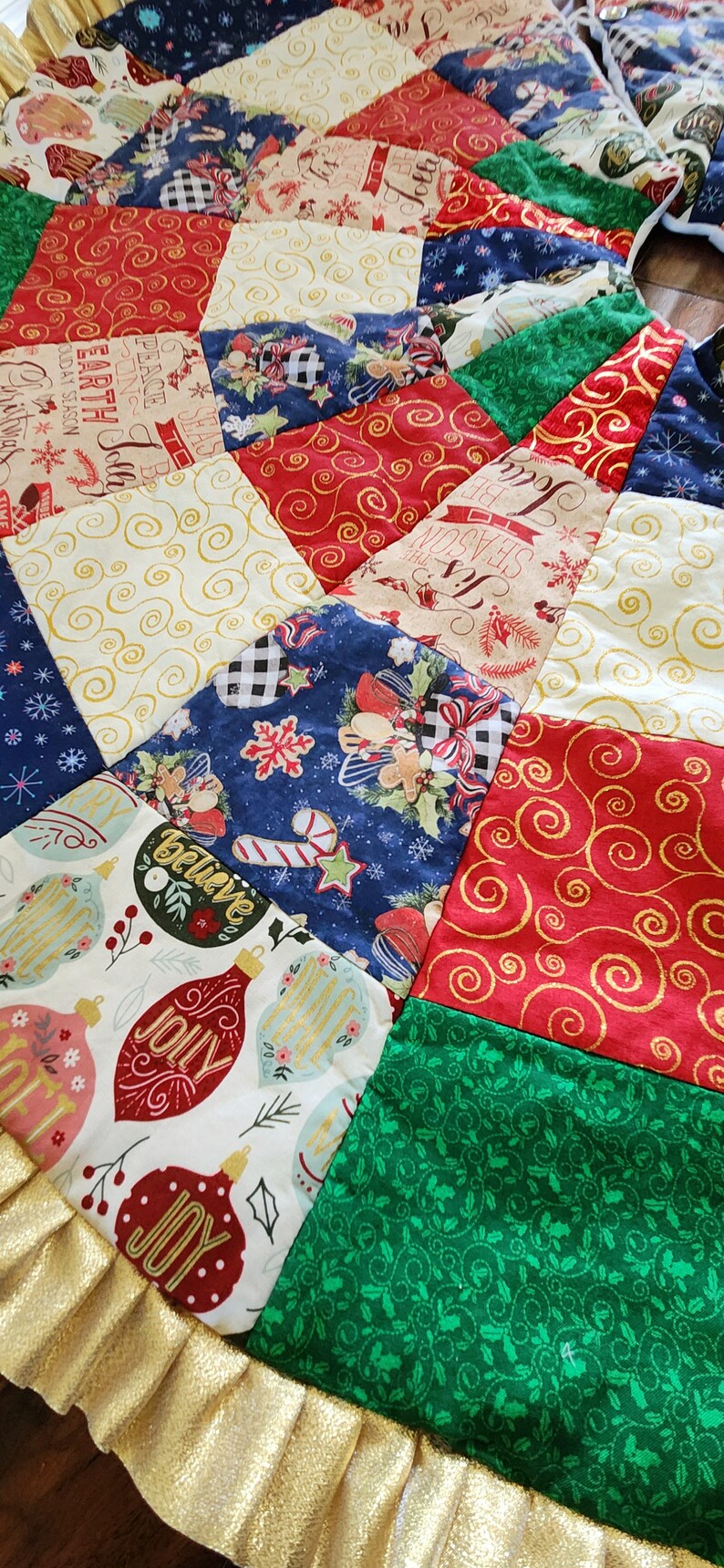 Handmade Quilted Christmas Tree Skirt With Gold Ruffle Etsy