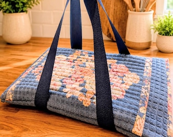 Quilted Casserole Carrier with Handles | Insulated Hot Dish Tote | Floral Baking Dish Carrier | Potluck & Picnic Food Transport Bag - Blue