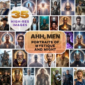 May include: A digital collage of 35 high-resolution portraits featuring various figures in fantasy, historical, and ethereal attire. The central text reads 35 HIGH-RES IMAGES and AHH, MEN PORTRAITS OF MYSTIQUE AND MIGHT in bold, dark lettering.
