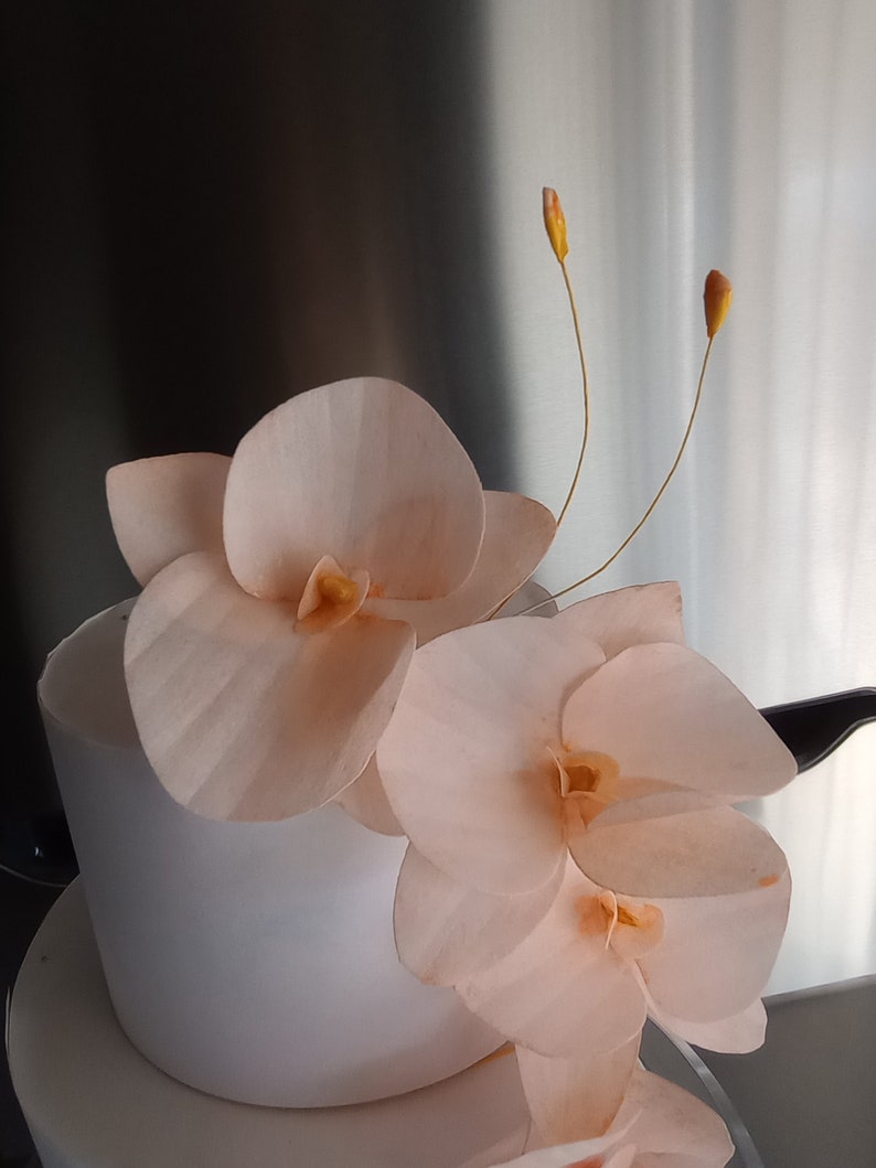 Puede incluir: Un pastel blanco decorado con delicadas flores de orqu&iacute;dea de color melocot&oacute;n. El pastel est&aacute; sobre un soporte de pastel blanco.