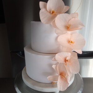 Puede incluir: Un pastel de boda blanco de dos niveles decorado con delicadas flores de orqu&iacute;dea de color melocot&oacute;n.