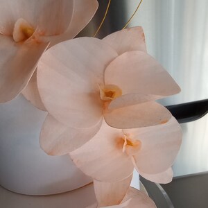 Puede incluir: Un pastel blanco decorado con delicadas flores de orqu&iacute;dea de color melocot&oacute;n. Las flores est&aacute;n dispuestas en cascada, creando un aspecto rom&aacute;ntico y elegante.