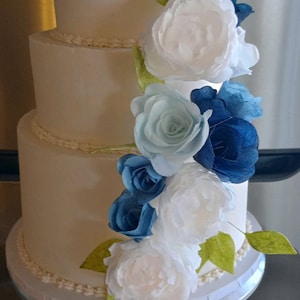 12 Wafer Paper Peonies Roses! -  Wedding Cake Flowers - Elegant Modern - Blue White - Wafer Paper Flowers