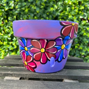 Hand Painted Terracotta Planter Pot, Floral Design, with Drainage