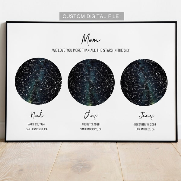 Custom Star Map for Mom, Mother's Day Gift from Daughter, 3 Location Star Map, Night Sky Print, Constellation Map, Custom Gift for Mom