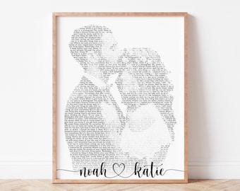 May include: A black and white wedding portrait of a couple, with their names "noah" and "katie" written below the image. The couple is depicted in a silhouette style, formed by a collection of words.