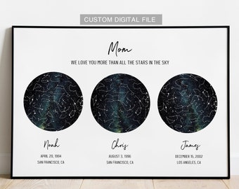 Mapa de estrellas personalizado para mamá, regalo del día de la madre de su hija, mapa de estrellas de 3 ubicaciones, impresión del cielo nocturno, mapa de constelaciones, regalo personalizado para mamá