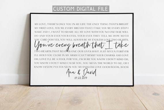 Song Lyrics Wall Art Custom Song Lyric Print Wedding Song Etsy