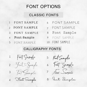 May include: A chart showing 10 different font options for classic and calligraphy styles. The chart shows the font name and a sample of the font.