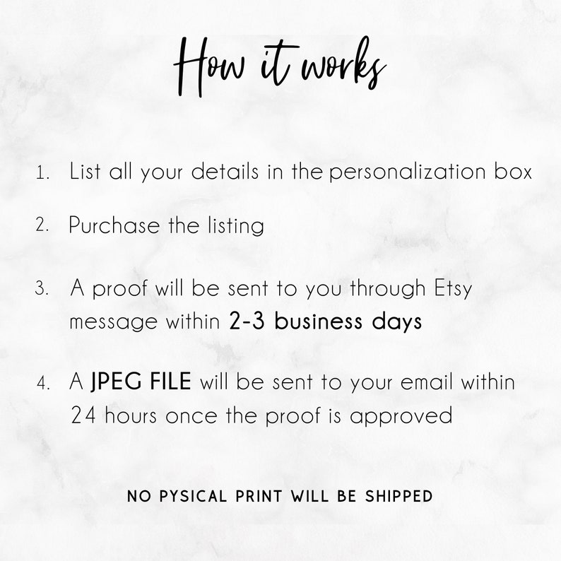 Puede incluir: C&oacute;mo funciona: Una gu&iacute;a paso a paso para pedir un archivo digital.  Indica tus detalles en el cuadro de personalizaci&oacute;n, compra el art&iacute;culo, recibe una prueba en 2-3 d&iacute;as h&aacute;biles y obt&eacute;n un archivo JPEG en 24 horas despu&eacute;s de la aprobaci&oacute;n. No se enviar&aacute; ninguna impresi&oacute;n f&iacute;sica.