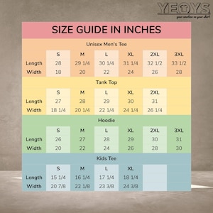 Puede incluir: Tabla de tallas en pulgadas para camiseta unisex para hombre, camiseta sin mangas, sudadera con capucha y camiseta para ni&ntilde;os. La tabla muestra las medidas de longitud y ancho en pulgadas para las tallas S, M, L, XL, 2XL y 3XL.