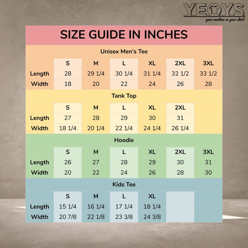 Puede incluir: Tabla de tallas en pulgadas para camiseta unisex para hombre, camiseta sin mangas, sudadera con capucha y camiseta para ni&ntilde;os. La tabla muestra las medidas de longitud y ancho en pulgadas para las tallas S, M, L, XL, 2XL y 3XL.