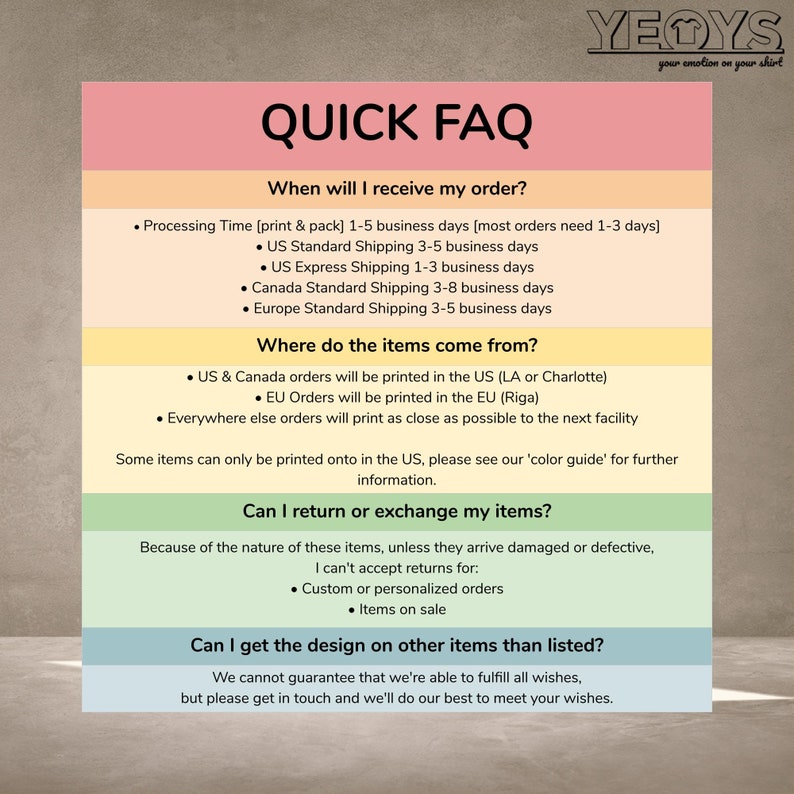 Puede incluir: Un gr&aacute;fico rosa y blanco con el texto "QUICK FAQ" en negro. El gr&aacute;fico proporciona informaci&oacute;n sobre el tiempo de procesamiento, el env&iacute;o y las devoluciones de los pedidos. El texto incluye informaci&oacute;n sobre la ubicaci&oacute;n donde se imprimen los art&iacute;culos y los tipos de art&iacute;culos que no son elegibles para devoluciones.