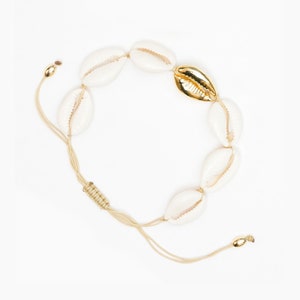 18k Gold Plated Natural Shell Anklet with Cord Closure handmade (natural puka cowrie shells with one gold accent seashells)