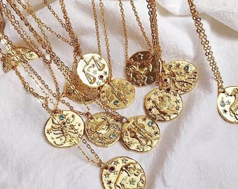 18k Gold Plated Horoscope Pendant Necklace With Semi Precious Stones | Star Sign | Zodiac