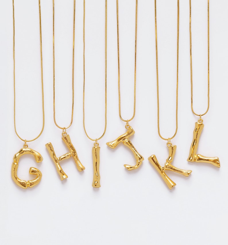 Initial Alphabet Letter Pendant Necklace in 24k Gold Tone Bamboo Rustic Style A to Z Charm Mother's Day Birthday Anniversary image 3