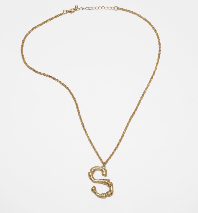 Initial Alphabet Letter Pendant Necklace in 14k Gold Tone Bamboo Rustic Style A to Z Charm