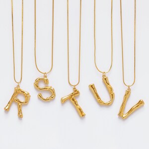 Initial Alphabet Letter Pendant Necklace in 24k Gold Tone Bamboo Rustic Style A to Z Charm Mother's Day Birthday Anniversary image 5