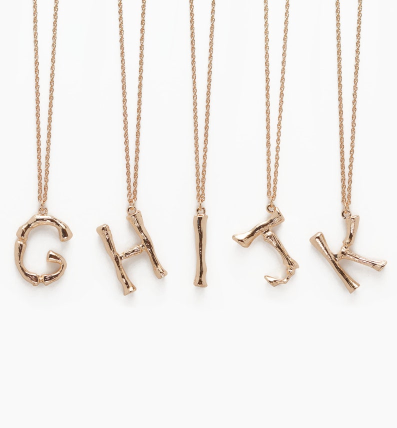 Initial Alphabet Letter Pendant Necklace in 14k Gold Tone Bamboo Rustic Style A to Z Charm