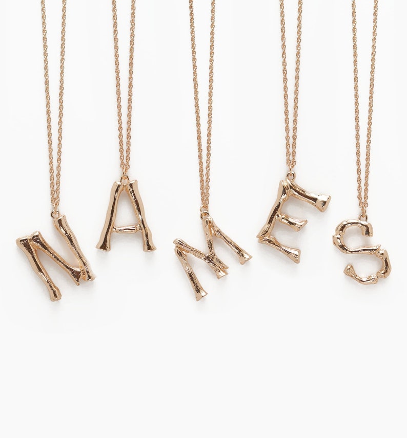 Initial Alphabet Letter Pendant Necklace in 14k Gold Tone Bamboo Rustic ...
