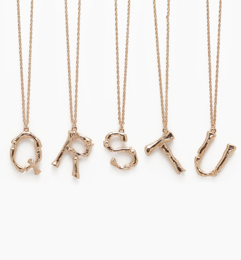 Initial Alphabet Letter Pendant Necklace in 14k Gold Tone Bamboo Rustic Style A to Z Charm