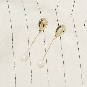 Fresh Water Pearl Drop Earrings Gold Plated 10mm Freshwater Natural Irregular Asymmetric Shape