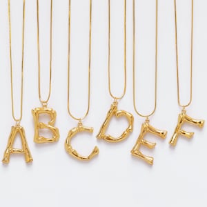 Initial Alphabet Letter Pendant Necklace in 24k Gold Tone Bamboo Rustic Style A to Z Charm Mother's Day Birthday Anniversary image 2