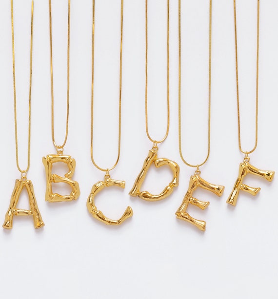 Initial Alphabet Letter Pendant Necklace in 14k Gold Tone Bamboo Rustic Style A to Z Charm