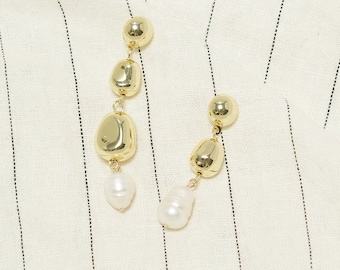 Fresh Water Pearl Drop Earrings Gold Plated 12mm Freshwater Natural Irregular Asymmetric Pebble Shape