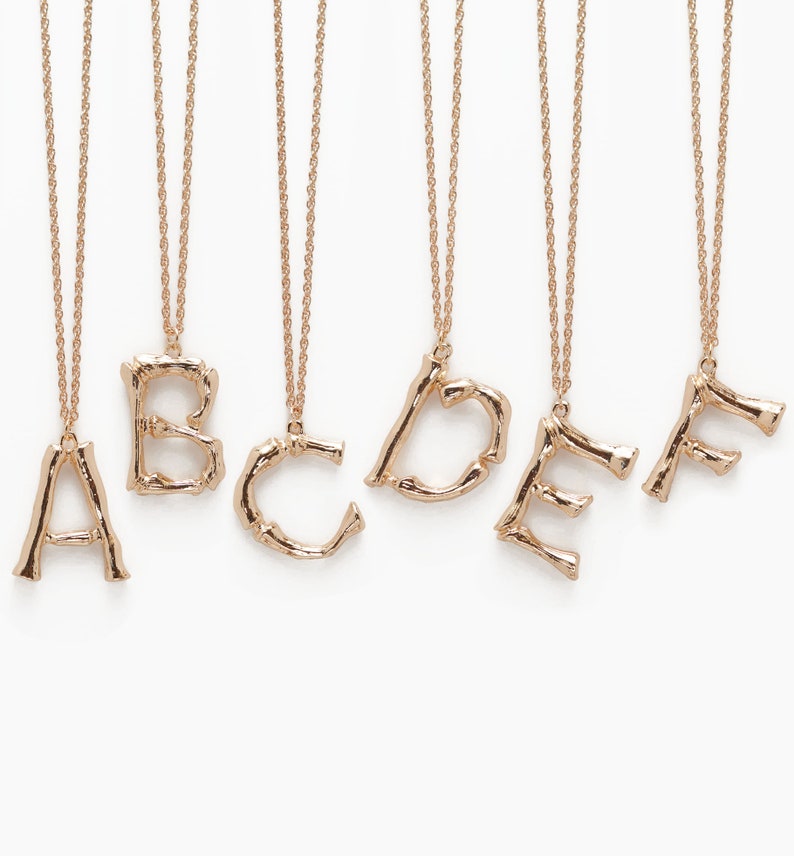 Initial Alphabet Letter Pendant Necklace in 14k Gold Tone Bamboo Rustic Style A to Z Charm
