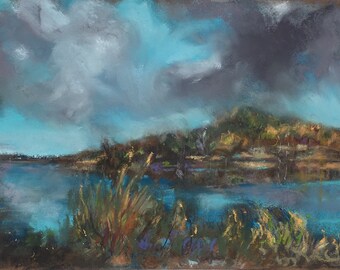 The Lake, April, After The Shower, Original Landscape Pastel Painting. 24cm x 30cm. Suzy Wyatt