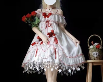 White Valentine Stars Dress White Pearl JSK Handmade Custom RED version