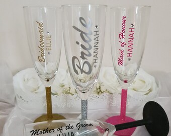 Personalised Flute Bridal Party | Customised Champagne Prosecco | Wedding Glitter Stem Glass | Swarovski Crystal Embellishment