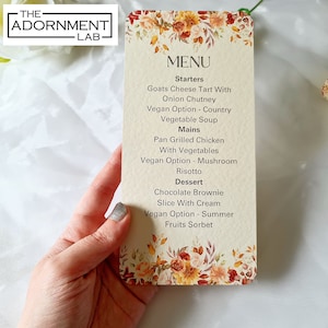 Automne Fleurs d'automne Couverts minces Carte de menu imprimée Feuillage de saison automnal Mariage Petit déjeuner Réception Rustique personnalisé Menu personnel