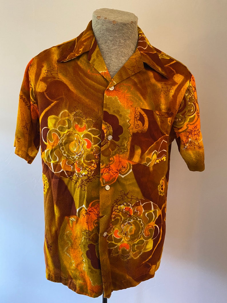 Vintage Wiki of Hawaii LTD Hawaiian Shirt. M-L. Orange, yellow, brown. Excellent condition. image 1