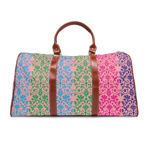 Lightweight Ladies Waterproof Travel Bag - Elegant Floral Stripe, Stylish Ladies Travel Bag - Floral Stripe Pattern with Waterproof Coating.