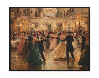 May include: An oil painting shows a ballroom filled with dancers in formal attire. Women wear long gowns, and men wear suits. The room is lit by chandeliers and features ornate architectural details. The painting is framed in black.