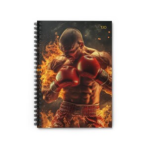 May include: A boxer wearing red boxing gloves and red shorts stands in a ring of fire. The boxer is looking down and has a determined expression on his face. The text "TJO" is visible in the upper right corner of the image.
