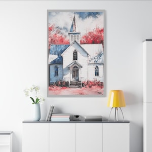 Vintage White Church Canvas Print: Rustic Farmhouse Wall Art