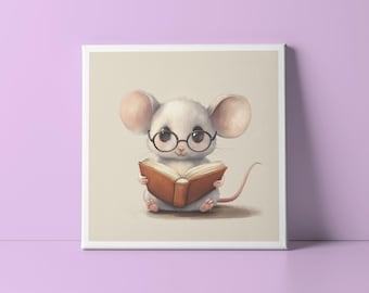 Stampa su tela con topo che legge un libro, arte stravagante per la cameretta dei bambini