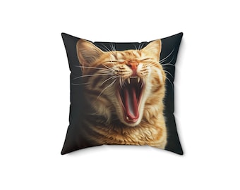 Cat Yawning Pillow, Animal Lover Home Decor, Cute Kitten Cushion Cover, Pet Owner Gift, Square Throw Pillow, Decorative Sofa Accent, Nursery