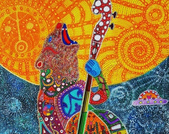 Bass playing Bear 8x14" Giclee print on canvas, by Starroot visionary art, folk art, intuitive art, upright bass. gift