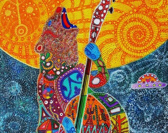 Bass playing Bear 16x24" Giclee print by Starroot, upright bass, bear, Holiday, visionary folk art